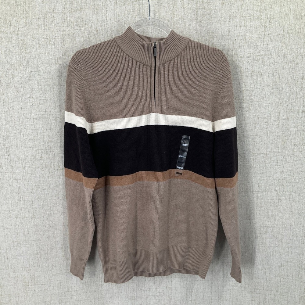 Sonoma Quarter-Zip Sweater Mens Small Tan Colorblock Stripe Ribbed Mock Neck NEW